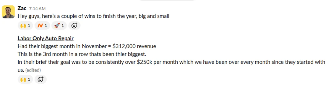 Labor Only Auto Repair - biggest month ever, $312,000 in November
